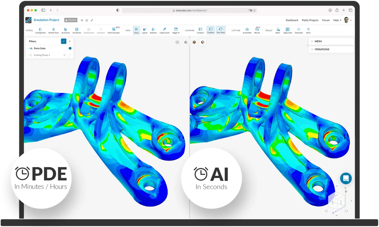 Two simulation images side by side ran using PDE and AI, respectively
